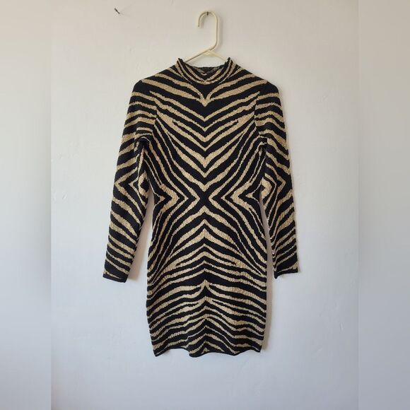 Zebra Print Bodycon Knit Dress Mock Neck Long Sleeve Club Party Mob Wife Small - Picture 6 of 10